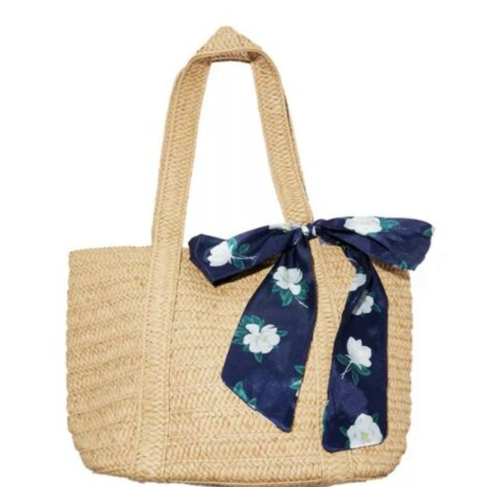 Draper James Straw Bag with Blue Floral Scarf Accent